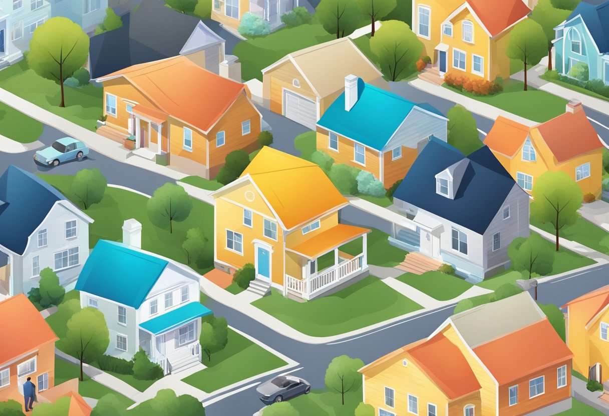 Colorful neighborhood mailers being delivered to different houses by a mail carrier
