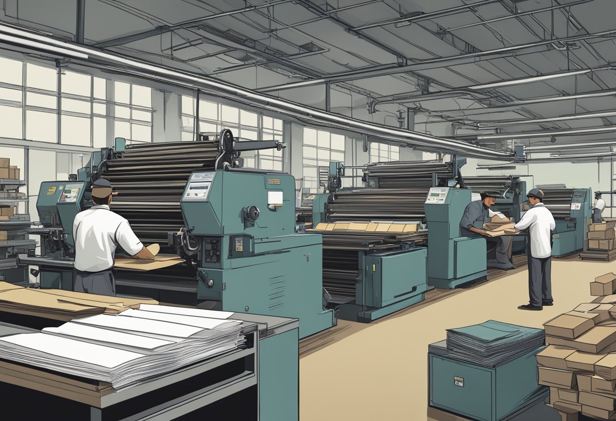 An industrial printing press producing stacks of catalogs, while workers package and label them for mailing