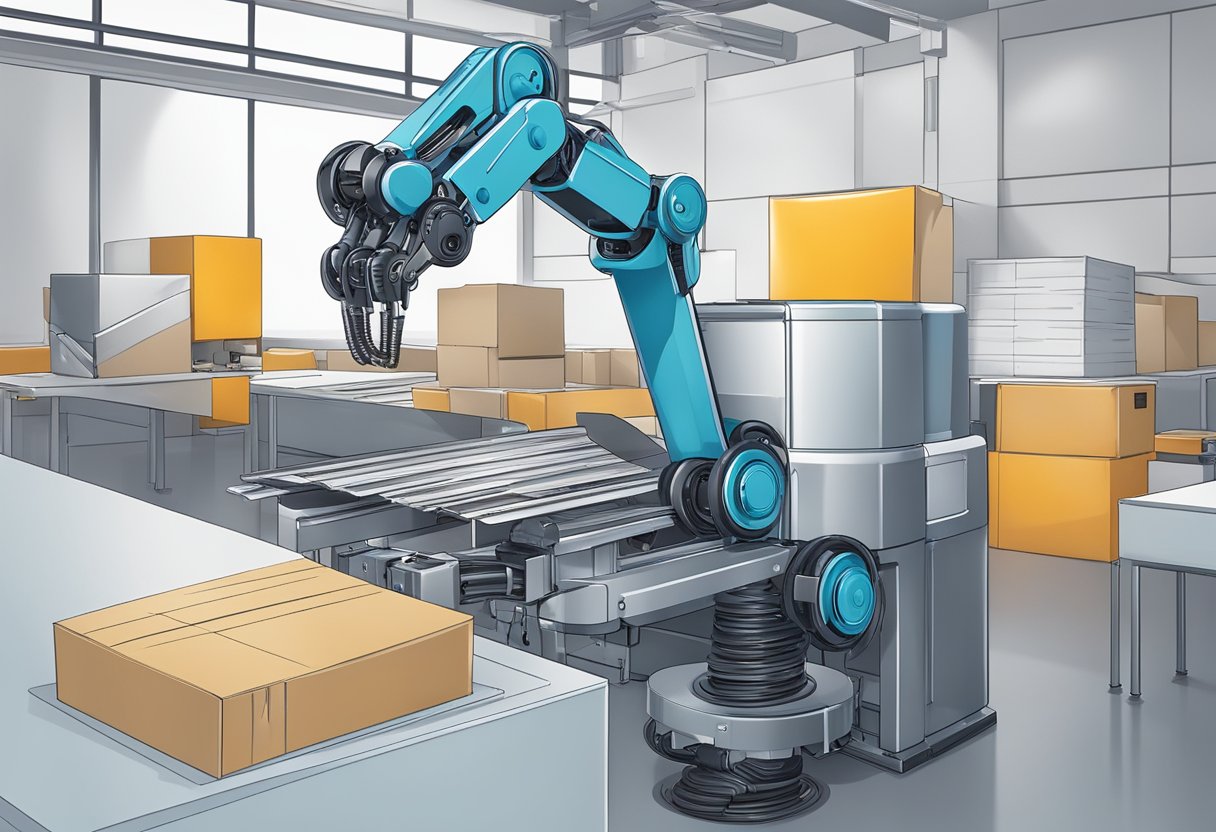 A robotic arm sorting and packaging envelopes for automated direct mail