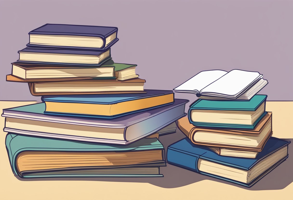 A stack of perfect bound books next to a pile of saddle stitched booklets on a table