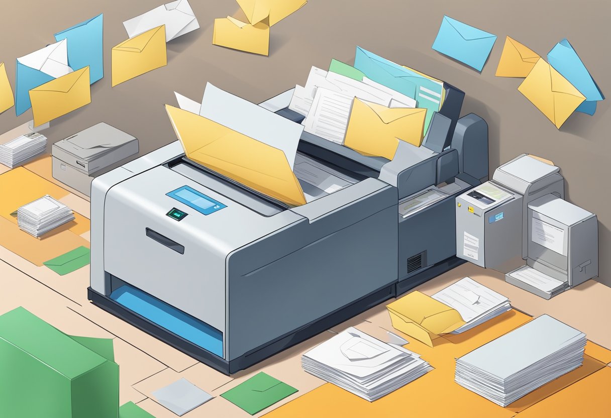A printer with paper feeding into it, surrounded by envelopes and a mailbox