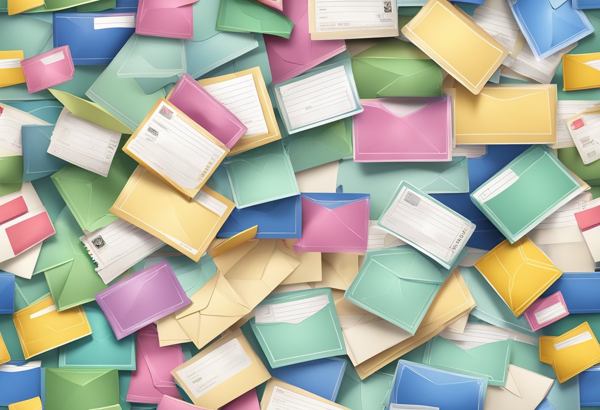 A stack of envelopes of varying sizes, some open and filled, others sealed, with stamps and postage labels scattered around