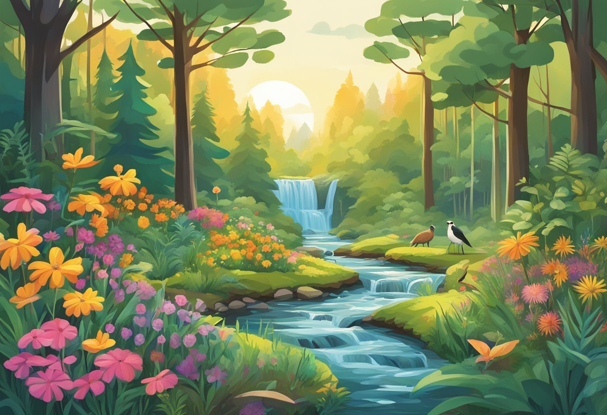 A lush forest with a stream running through it, surrounded by animals and vibrant flowers. A solar-powered printing press sits in the clearing