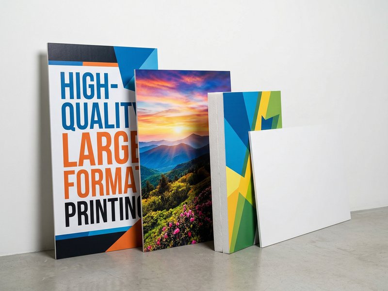 Foam board and PVC mounted prints in multiple sizes leaning against a wall