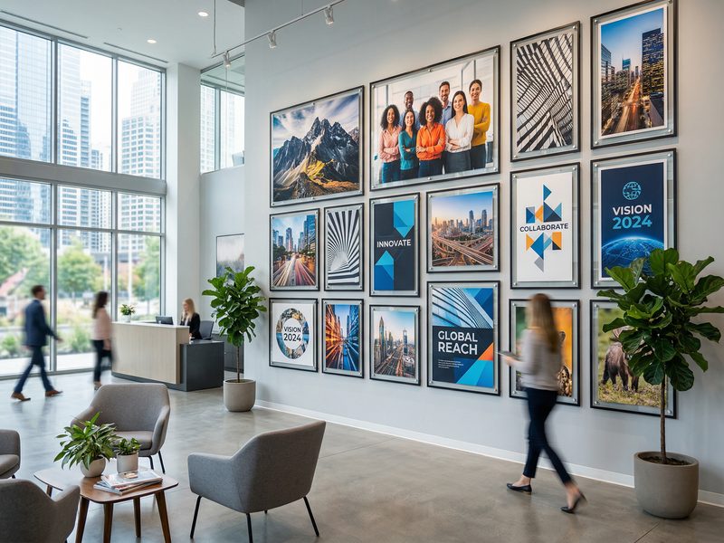 Large format posters and prints displayed on a corporate office wall