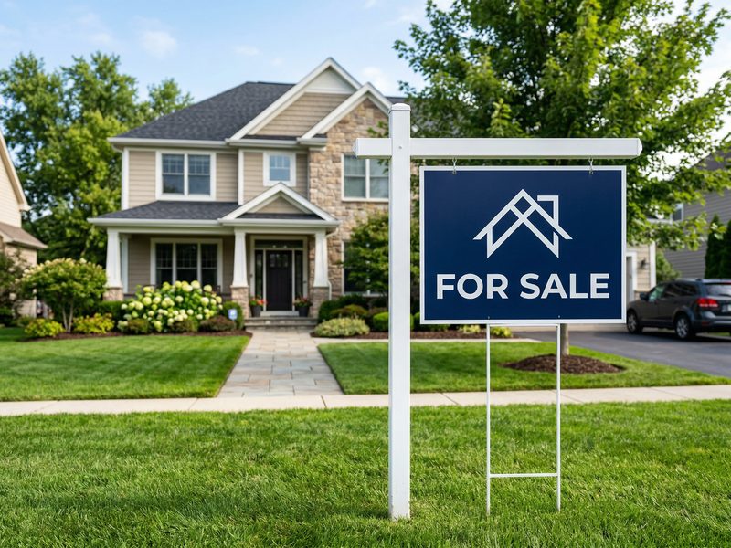 Generic for sale real estate yard sign in front of a suburban house