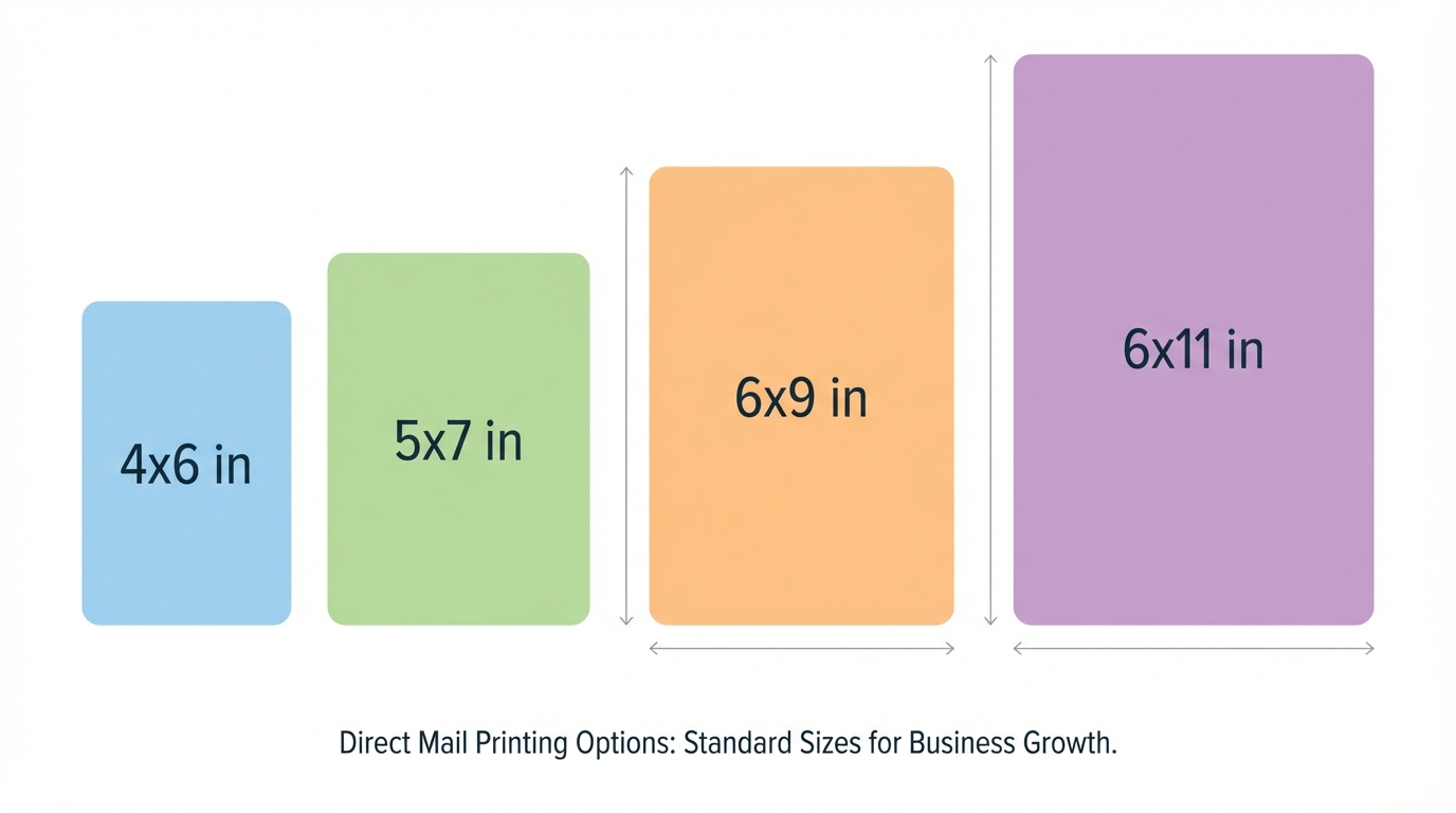 Postcard sizes comparison infographic showing 4x6, 5x7, 6x9, and 6x11 inch dimensions