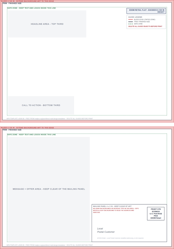 front and address side of the eddm 6.25x9 template with the mailing panel blocked out