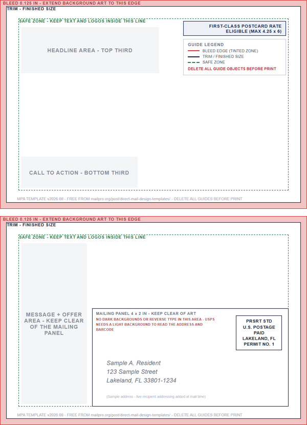 front and address side of the postcard 4x6 template with the mailing panel blocked out