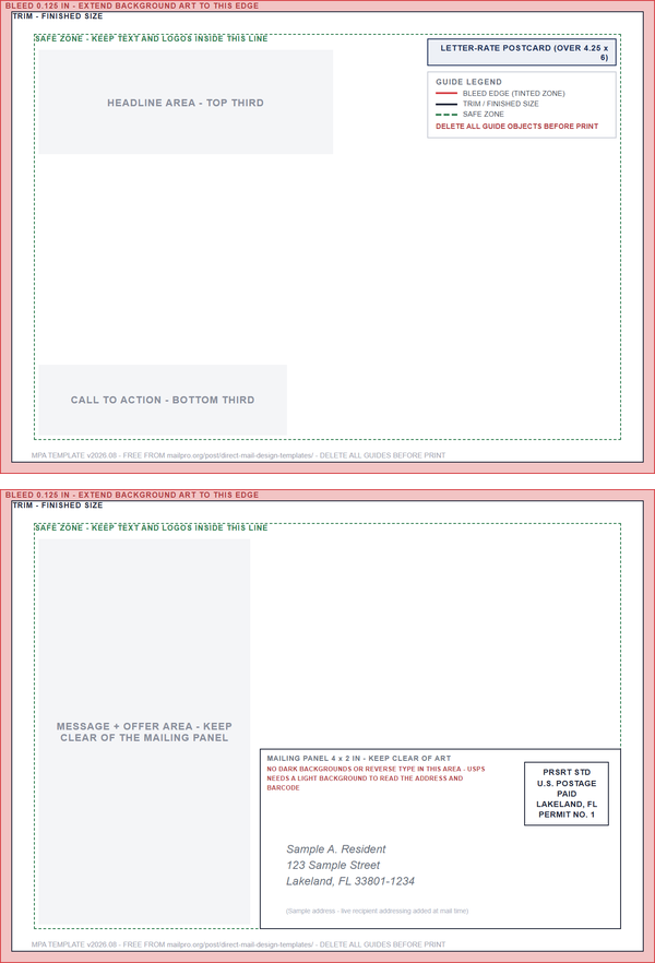 front and address side of the postcard 5x7 template with the mailing panel blocked out