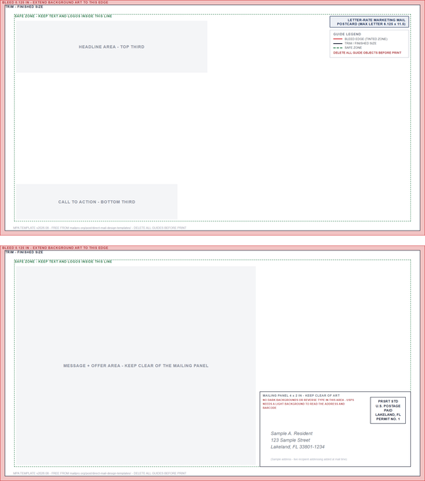 front and address side of the postcard 6x11 template with the mailing panel blocked out