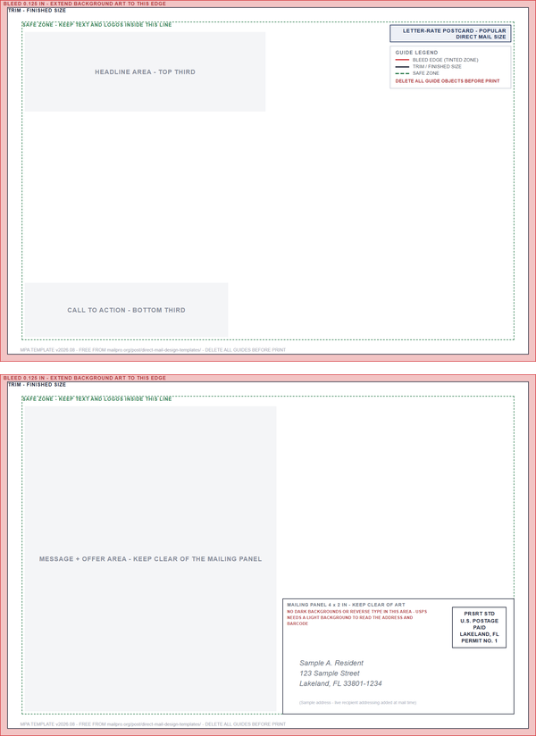 front and address side of the postcard 6x9 template with the mailing panel blocked out