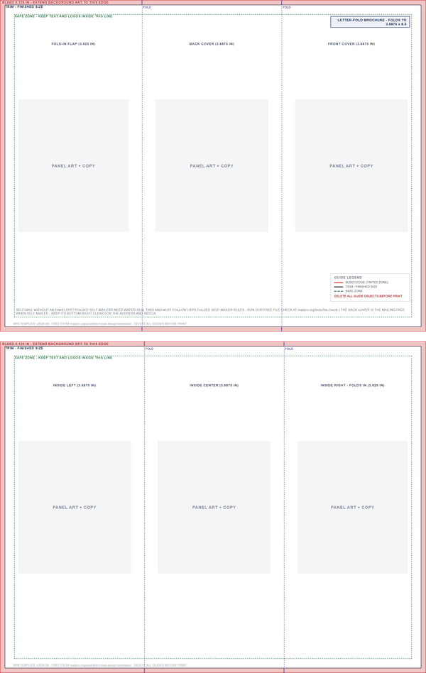 front and address side of the trifold 8.5x11 template with the mailing panel blocked out